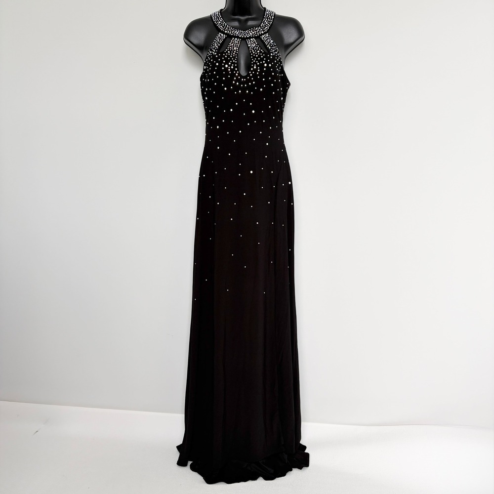 Nightway Maxi Dress Rhinestone Halter Keyhole Gown 8 Black